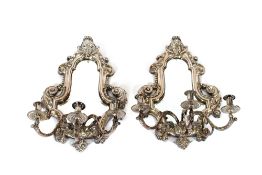 A pair of Louis XIV style ornate silver plated Girandoles, having mask and foliate scroll