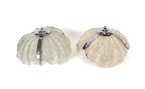 A pair of Art Deco glass and chrome Plafonnier, in the form of clam shells, 32cm dia.