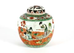 A Chinese ginger jar and cover, decorated with prunus and figures in a boat on a lily pond, lid