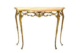 A modern French style gilt metal and onyx topped hall table, on gilded Rococo style supports, 90cm
