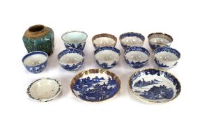 A collection of 18th and 19th Century Chinese and English porcelain blue and white tea bowls; an