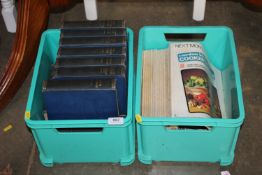 Two boxes containing various books and magazines