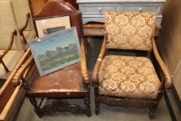 An oak and upholstered carver chair together with