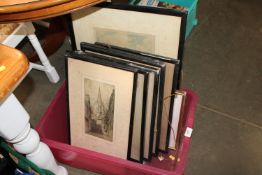 A box containing F Robson signed prints etc.