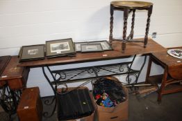 A pine hall table having wrought iron base