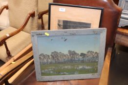 An oil on board landscape study with label verso a