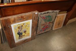 Two pine framed prints of clowns; a tapestry of De