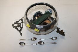 Four Henry Wilkinson silver teaspoons approx. 39gms; a wooden ornament in the form of an apple;