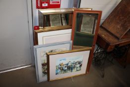 A modern framed bevel edged wall mirror, a John Skeeping 'The Finish' framed print and various other