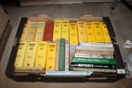 A box containing mostly Wisden Cricketers Almanac