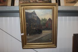 A gilt framed oil on canvas study of a street scen