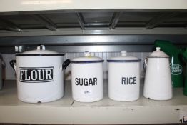 Three enamel pots and covers for flour, sugar and