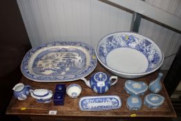 A collection of Wedgwood Jasperware; a Brighton blue and white washbowl and toothbrush holder; a