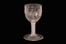 An antique rummer, with etched decoration of Ho Ho bird and foliage, raised on cotton twist column