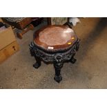 A Chinese carved hardwood cache pot stand with mar
