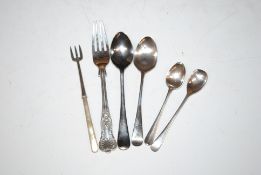 A silver fork and three silver spoons, 55gms; a si