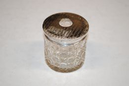 A cut glass and silver topped hat pin tidy jar, th