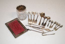 A cut glass preserve jar with silver lid; silver m