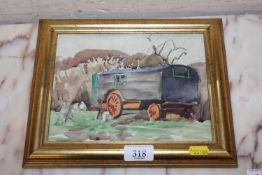 In the style of Harry Becker, watercolour of a showman's caravan