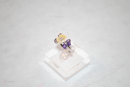 A sterling silver, amethyst and mother-of-pearl fl