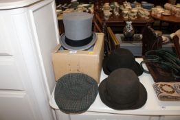 A grey top hat by Lock & Co, two trilby's and a fla