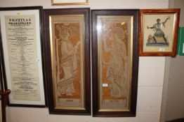 A pair of early 20th Century Art Nouveau embroideries 'song' and 'poetry' dated 1911, initialled AV,