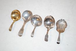 Five silver caddy spoons, 54gms