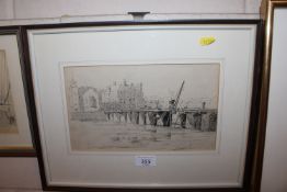 Late 19th early 20th Century school pen and ink study bridge with a and crane town in far ground