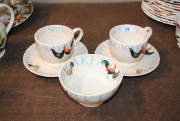 Two Emma Bridgewater 'Rise and Shine' cup and saucers and bowl