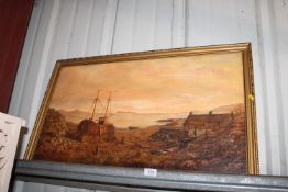 C Russell oil on board depicting moored boats, dat