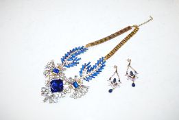 A blue stone costume necklace and pair of earrings