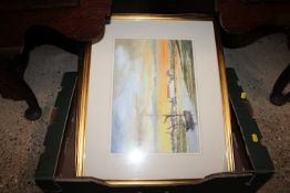 a box containing five J Barrett watercolours depic