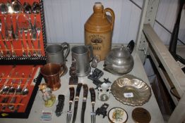A Burrow Hill stoneware flagon, pewter tankards, a Beatrix Potter 'Foxy Whiskered Gentleman' figure