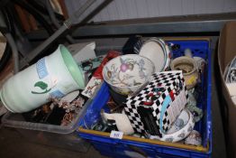 Two boxes containing various china to include Poole Pottery bowl, Oriental bowl, glassware etc.