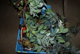 A box of various Christmas decorations