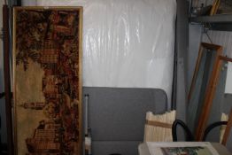 A modern grey upholstered bed frame, together with