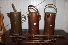 Three copper jugs together with a quantity of vari
