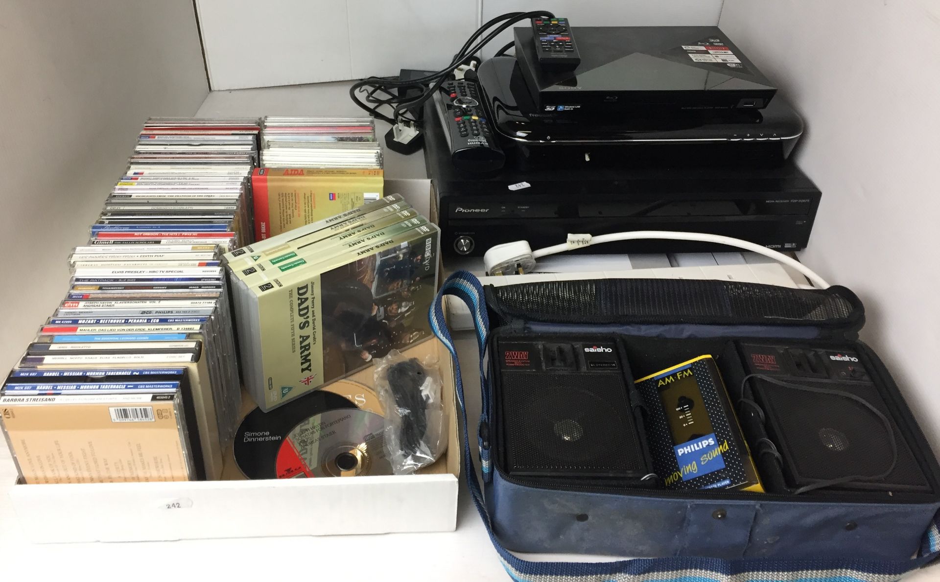 Six items being a tray containing forty-five CDs classical and pop including Leonard Cohen, Elvis,