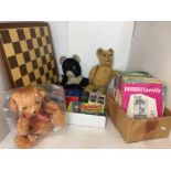 Nine items including vintage play-worn teddy bear 38cm long and panda 37cm long, wooden chess board,