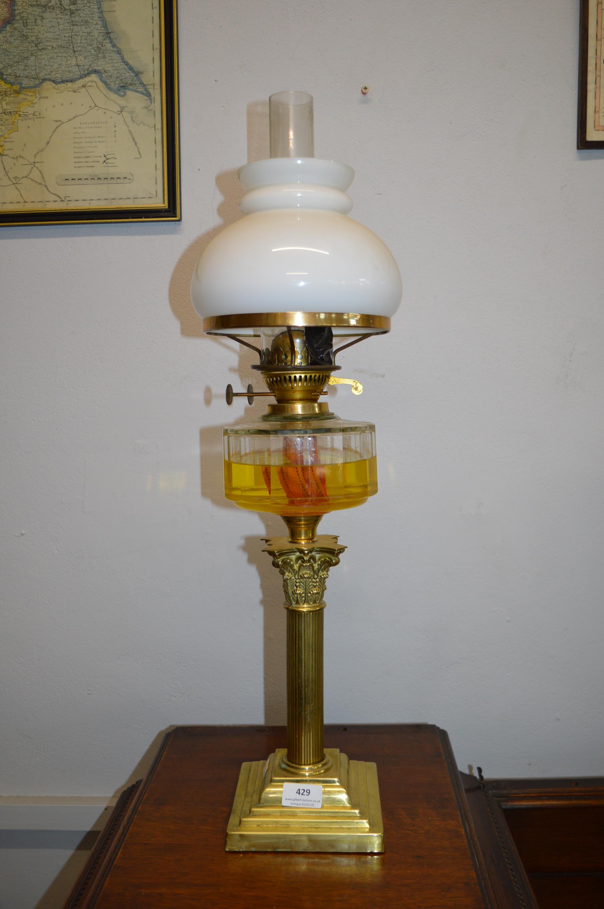 Victorian Brass Oil Lamp with Clear Glass Reservoir and White Shade