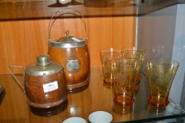 Vintage Oak Biscuit Barrell, Amber Glasses, etc.