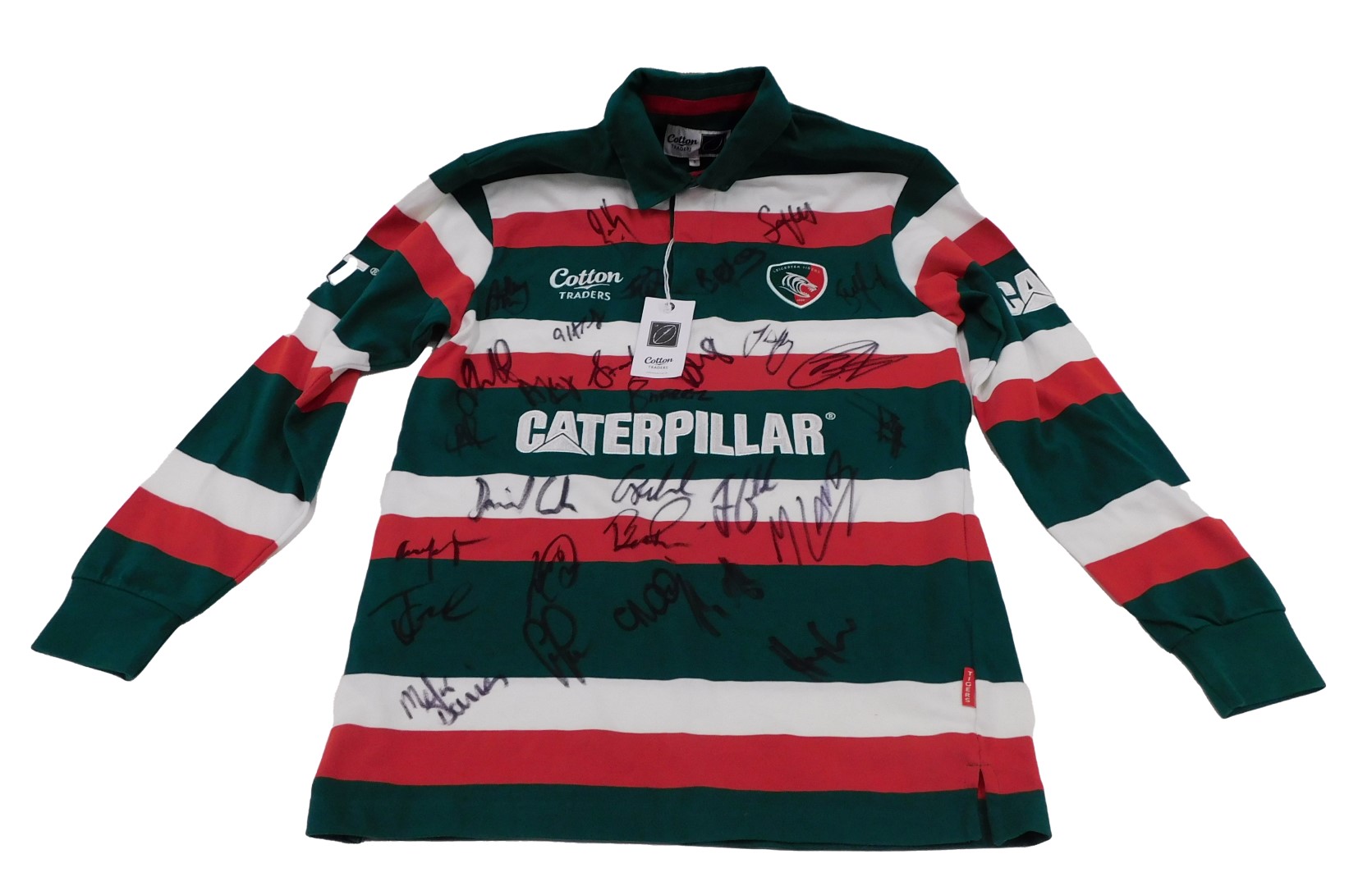 A Cotton Traders Leicester Tigers rugby shirt, signed by various team members, size S.