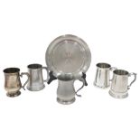 A pewter presentation tray, MR PJ Fryer 28th April 1972, a silver plated tankard HMS Hermes 1968-69,