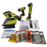 Four Ryobi tools, to include jigsaw with blades, right angle drill, an electric saw with blades, and