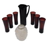 A Whitefriars purple tinted glass lemonade set, with jug and six tumblers, and a Lalique style Art