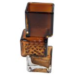 A Whitefriars style amber tinted drunken bricklayer vase, 20.5cm high.