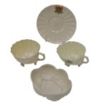 A Belleek shell shaped bowl, first period, printed mark in black to underside, a Scotland crest