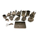 Various 19thC pewter small teapots, tankards. (2 trays)