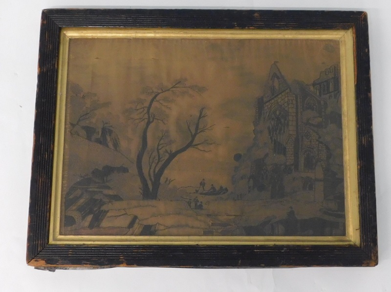 A Victorian silk monochrome needlepoint picture, depicting ruined church and figures rowing, 31cm - Image 2 of 2