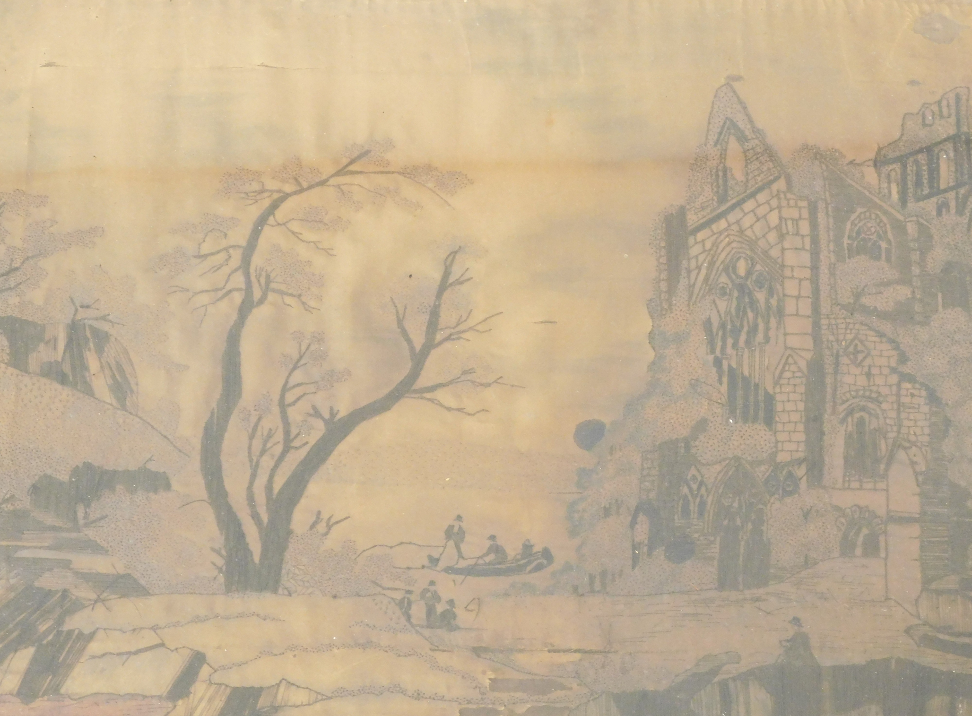 A Victorian silk monochrome needlepoint picture, depicting ruined church and figures rowing, 31cm